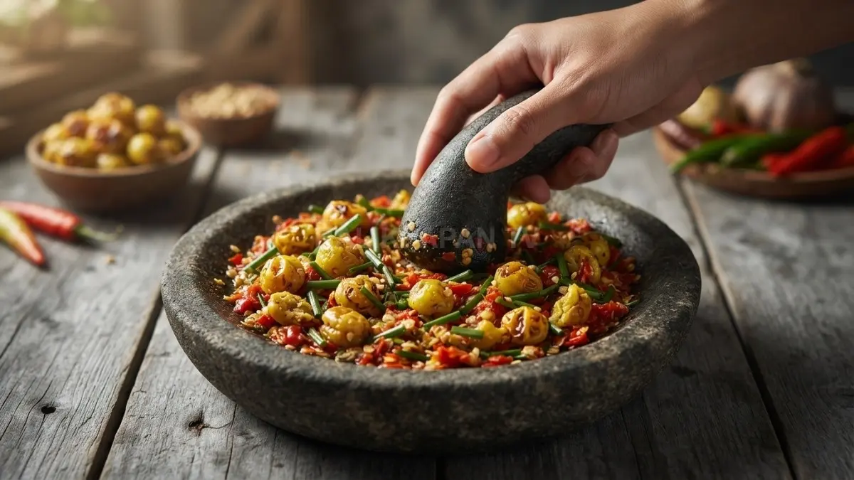 Sajian sambal kandas rimbang khas Dayak yang diulek segar siap menggugah selera penikmat kuliner pedas. (BTV/Ai)