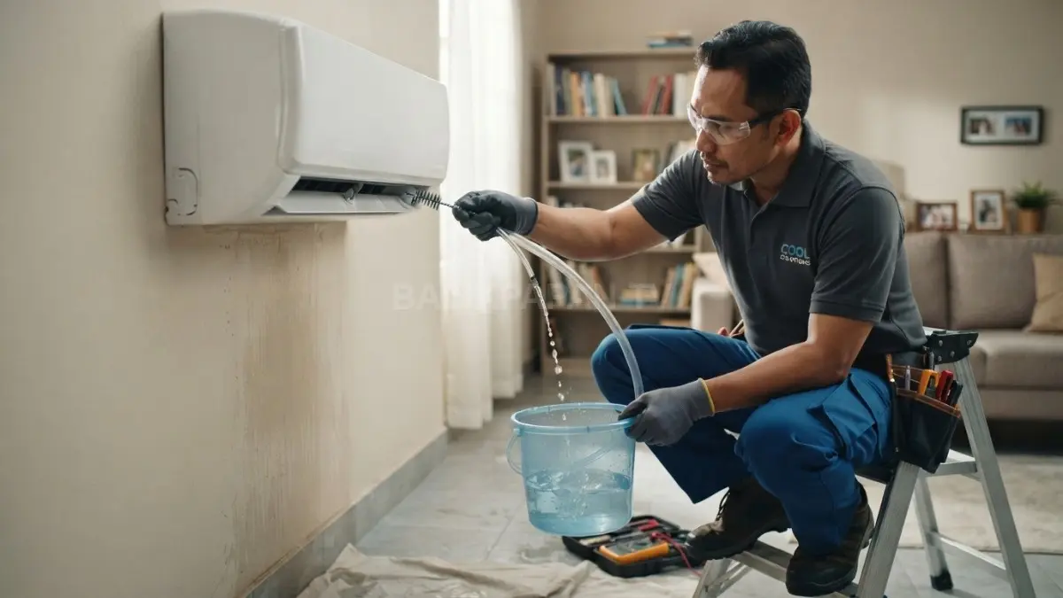 Saluran pembuangan tersumbat dapat membuat AC bocor, jadi periksa drainase sebelum menuduh freon bermasalah. (BTV/AI)
