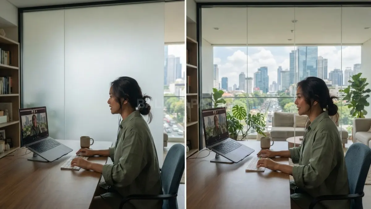 Smart glass di home office membantu menciptakan ruang kerja fleksibel, privat, nyaman, modern, dan tetap terang. (BTV/AI)
