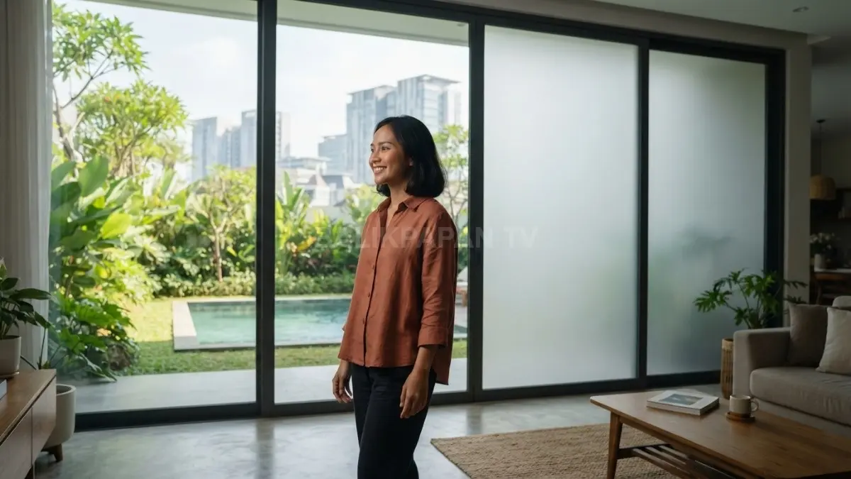 Smart glass jendela rumah modern transparan buram berganti otomatis, memberi cahaya alami dan privasi sekaligus (BTV/AI)

