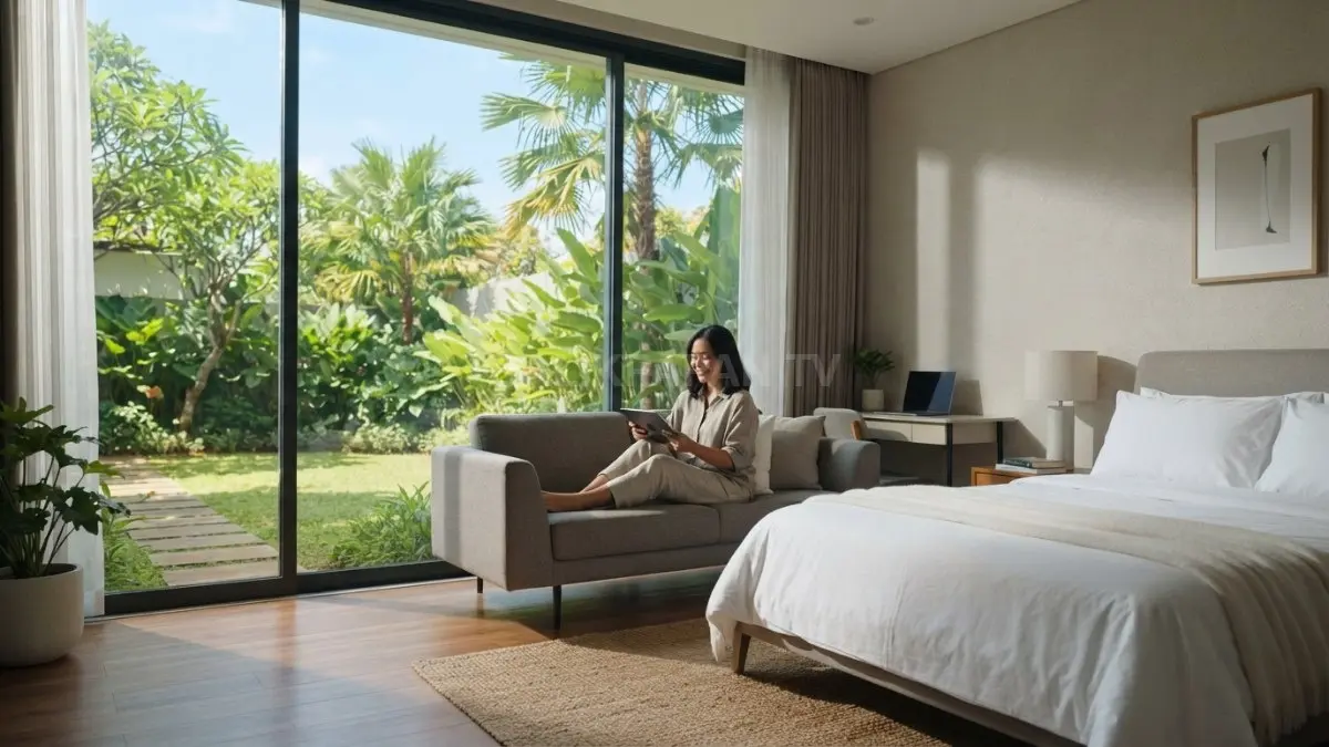 Smart glass kamar tidur memberi cahaya alami, privasi fleksibel, dan tampilan minimalis modern (BTV/AI)
