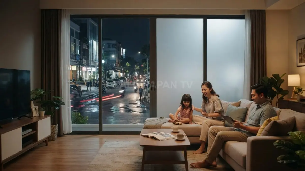Smart glass membuat ruang keluarga tetap terang, nyaman, dan privat tanpa mengorbankan pemandangan. (BTV/AI)

