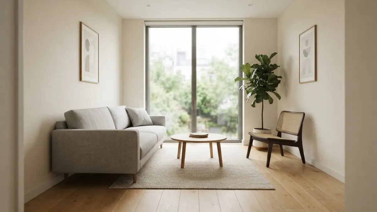 Sofa utama berukuran proporsional membuat ruang tamu 3,5 meter terasa lapang, elegan, dan tetap nyaman. (BTV/AI)