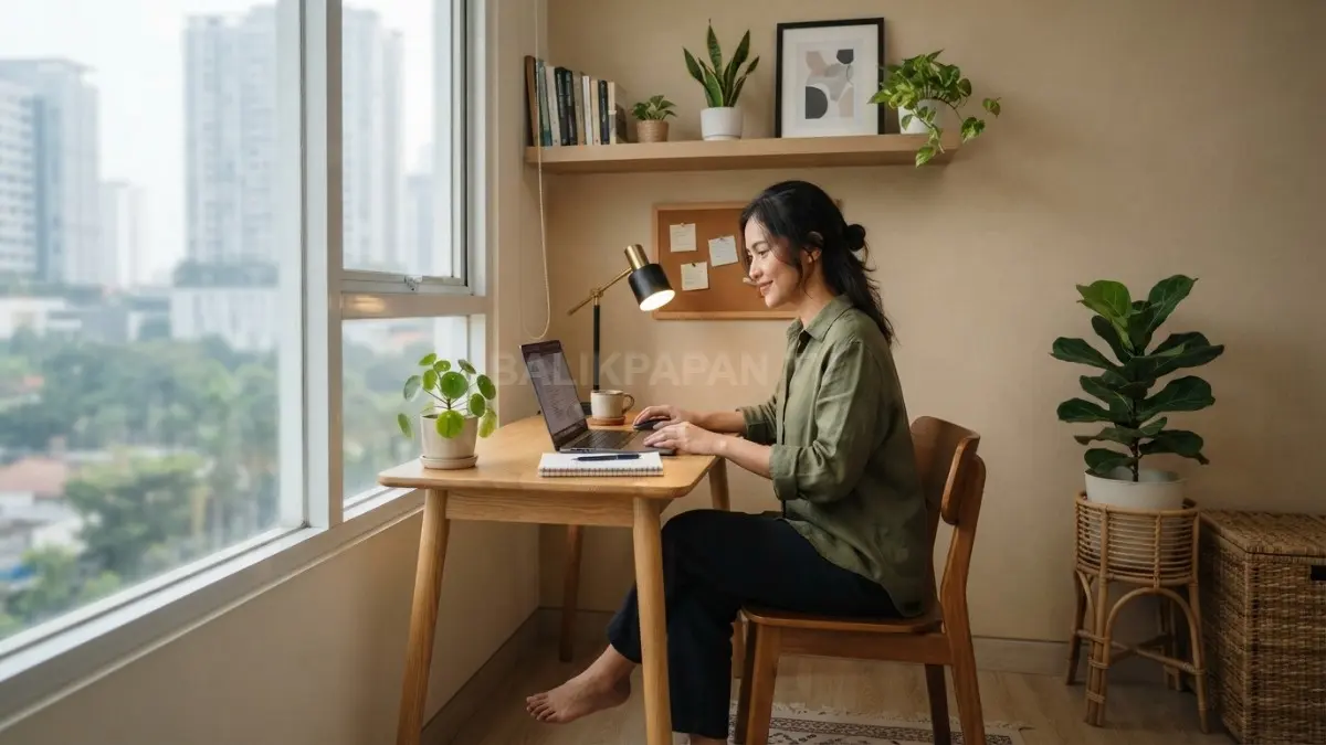Sudut kosong rumah diubah menjadi area kerja minimalis dengan meja kecil, rak dinding, dan tanaman indoor. (BTV/AI)
