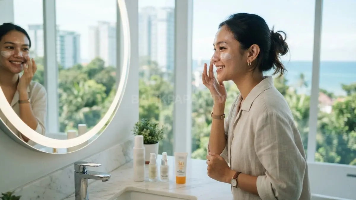 Sunscreen menjadi lapisan terakhir skincare pagi untuk melindungi kulit berminyak dari paparan sinar matahari dan menjaga kenyamanan. (BTV/AI)