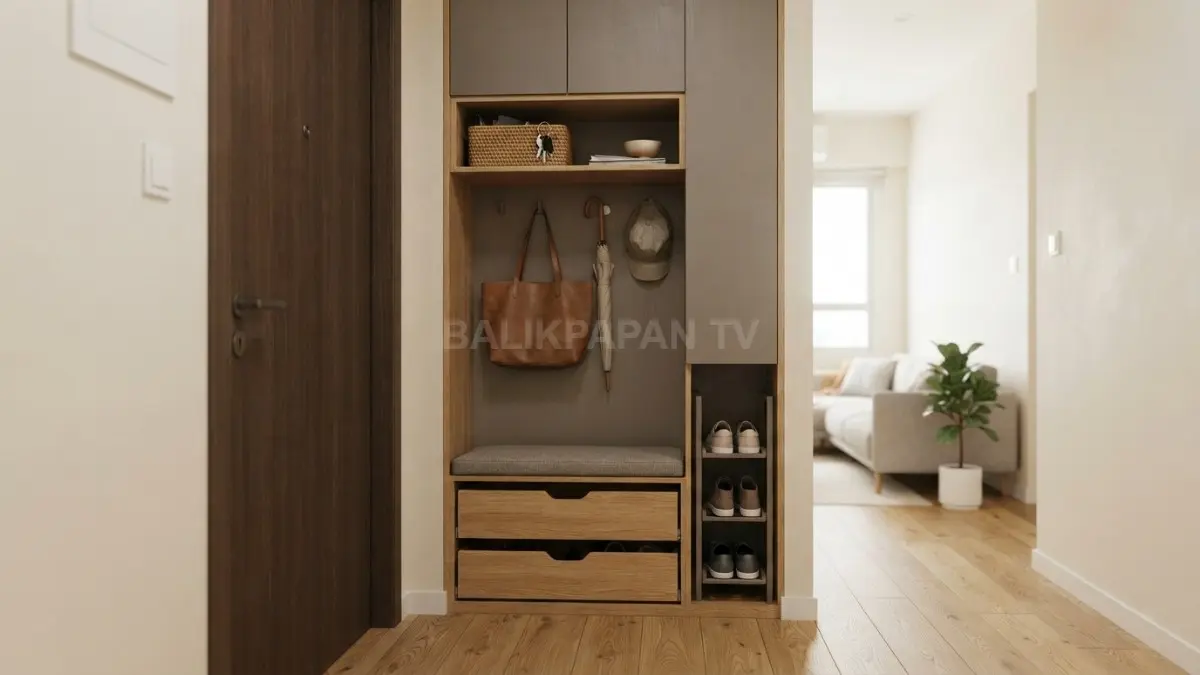 Area pintu masuk yang rapi menyatukan penyimpanan kecil dan menjaga kesan awal rumah tetap ringan. (BTV/AI)
