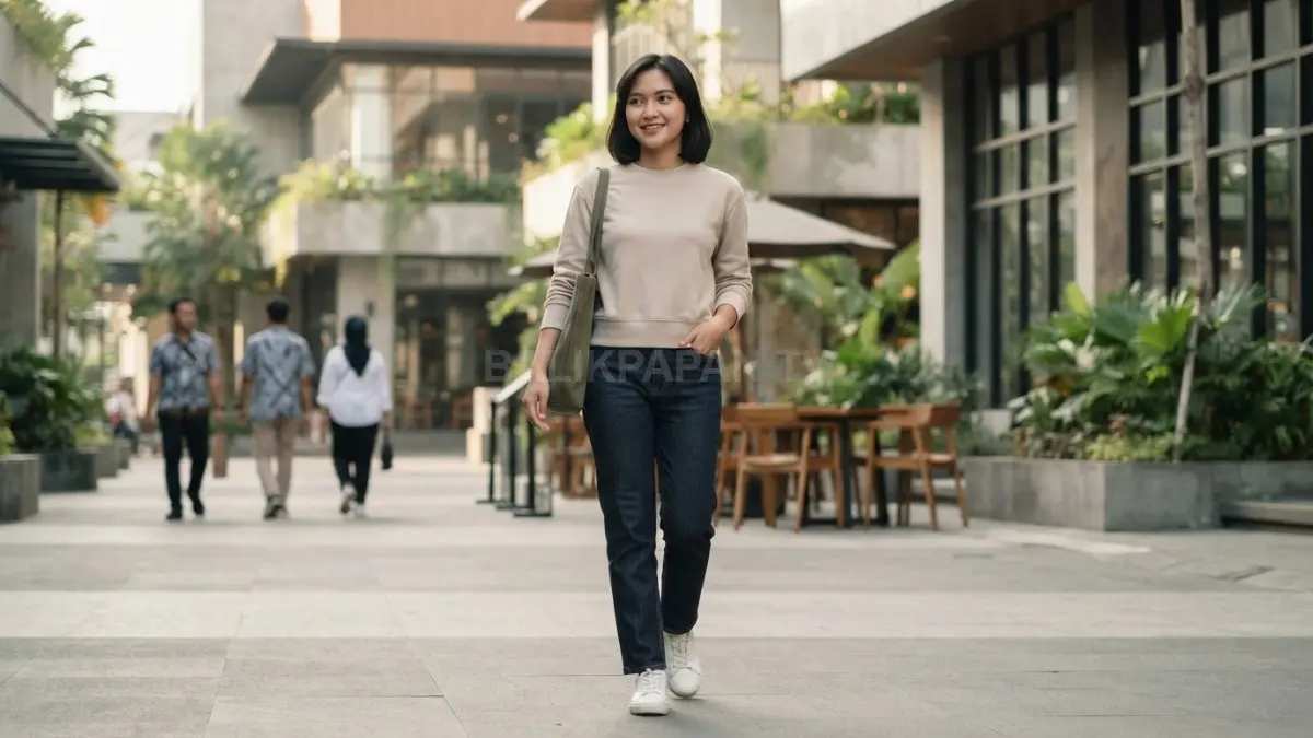 Atasan sepanjang sekitar 3 cm di bawah pinggang membantu menciptakan proporsi outfit kasual yang rapi. (BTV/AI)