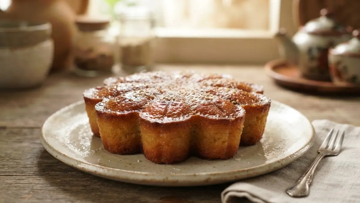 Bingka berbentuk bunga dengan permukaan kecokelatan, menampilkan kelembutan kue tradisional khas Kalimantan yang menggugah selera. (BTV/AI)
