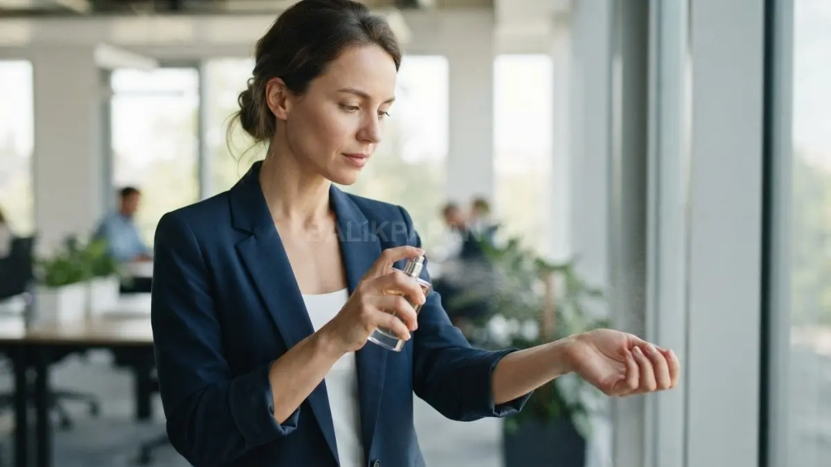 Botol parfum disemprot sekitar 15 cm dari kulit agar kabut wangi menyebar merata dan terasa seimbang. (BTV/AI)