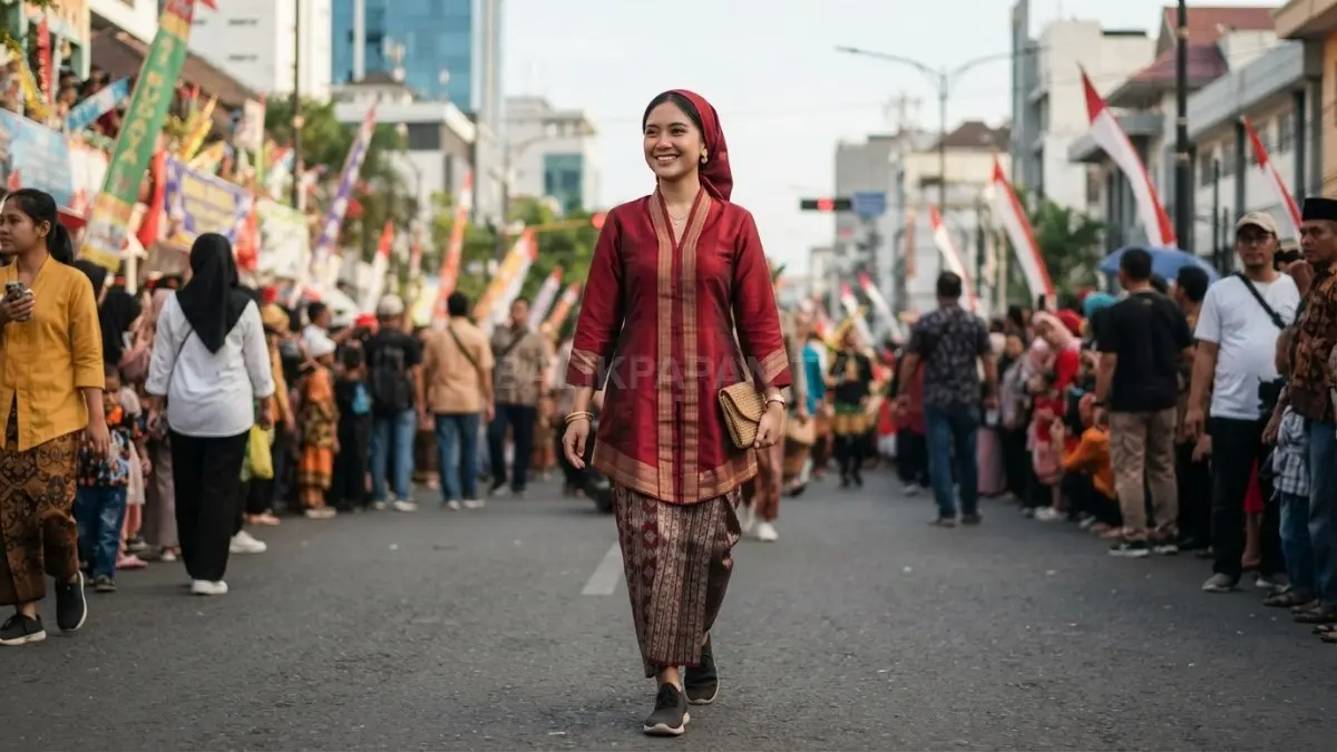 Busana Minangkabau menghadirkan kesan anggun, khas, dan nyaman untuk memeriahkan pawai kemerdekaan Indonesia. (BTV/AI)

