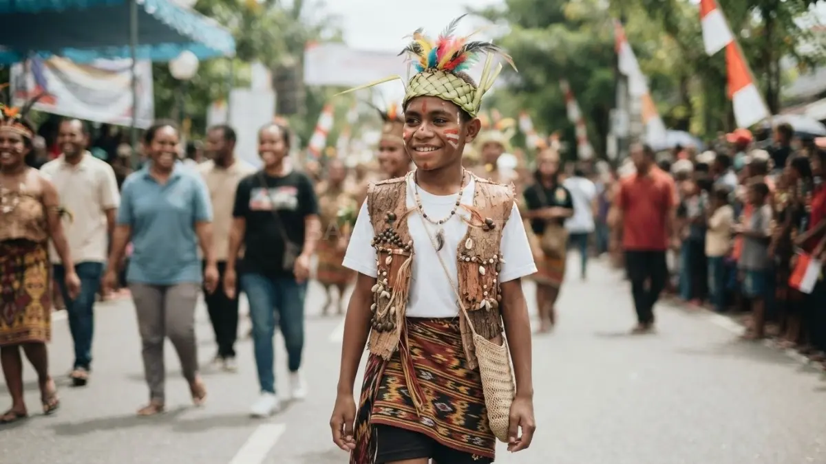 Busana Papua menawarkan karakter khas melalui aksesori dan motif, cocok untuk pawai budaya yang tetap menghormati tradisi setempat (BTV/AI)
