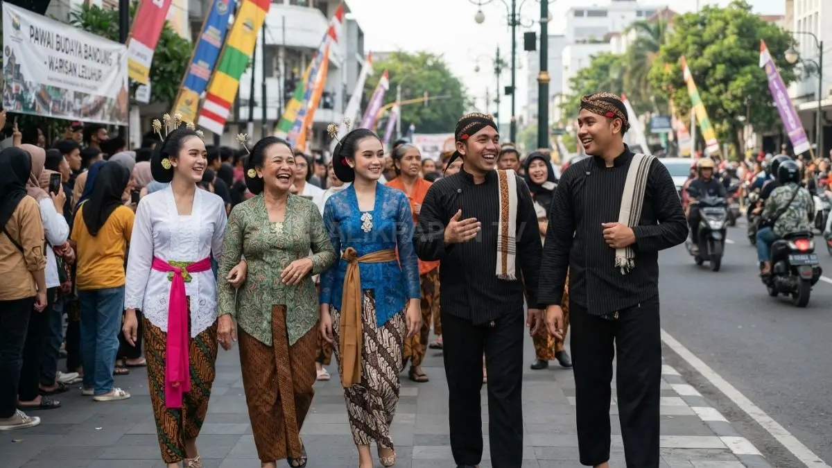 Busana Sunda menghadirkan tampilan tradisional sederhana, anggun, dan nyaman untuk memeriahkan pawai kemerdekaan bersama. (BTV/AI)
