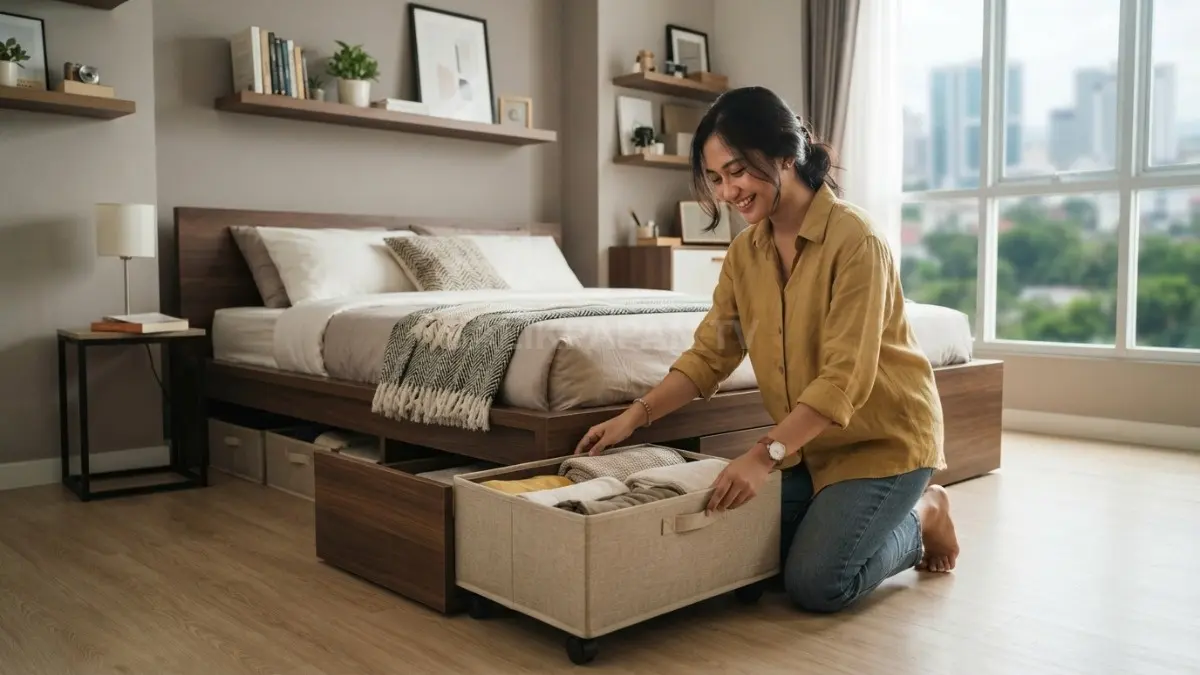 Celah bawah kasur dimanfaatkan menjadi laci penyimpanan praktis untuk selimut, pakaian musiman, dan perlengkapan tidur. (BTV/AI)