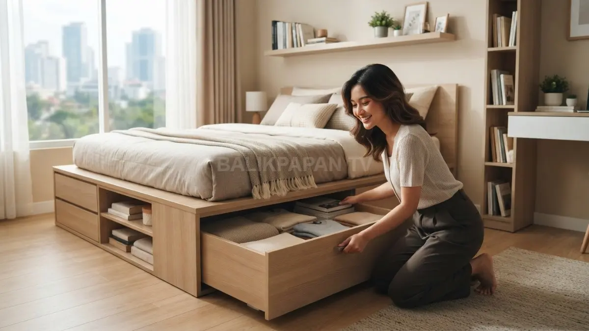 Celah bawah kasur dimanfaatkan sebagai laci penyimpanan praktis sehingga kamar tetap rapi dan hemat ruang. (BTV/AI)