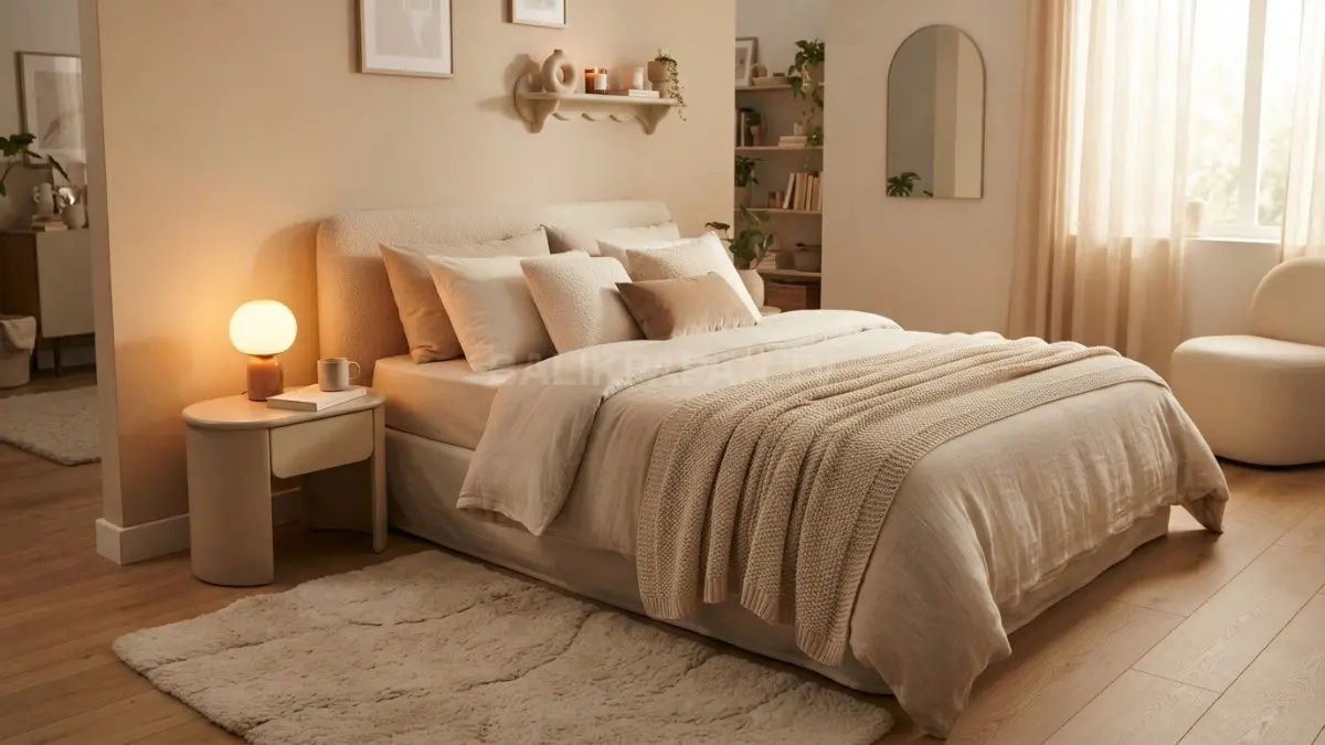 Cloudy cozy room menghadirkan tekstur lembut, bentuk membulat, dan warna serasi untuk menciptakan kamar nyaman. (BTV/AI)