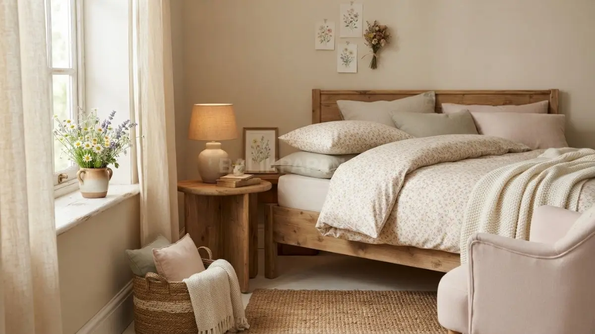 Cute cottage room memadukan furnitur kayu, motif bunga kecil, tekstil lembut, anyaman, dan dekorasi handmade hangat. (BTV/AI)
