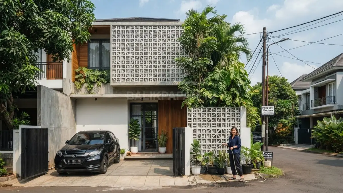 Fasad rumah tropis modern dengan roster menghadirkan sirkulasi udara alami sekaligus menjaga privasi penghuni (BTV/AI)
