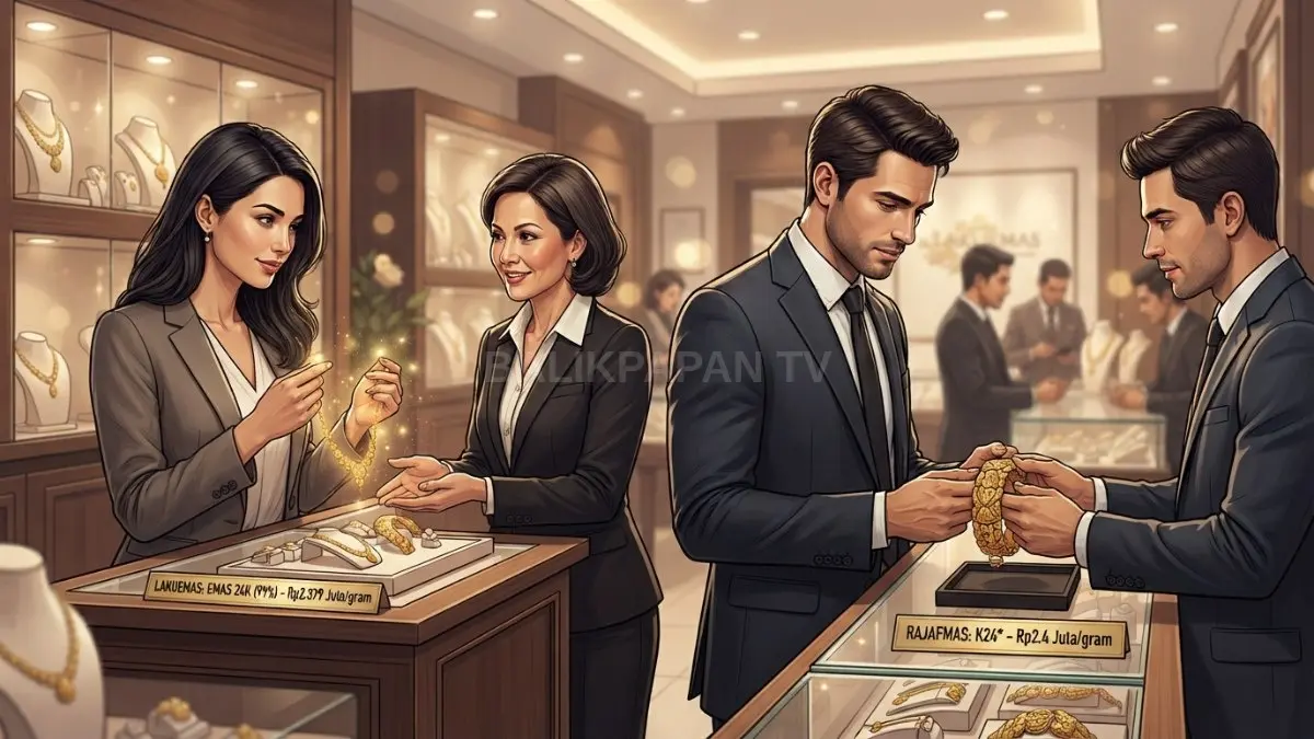 Harga emas perhiasan 24K Lakuemas dan Rajaemas berbeda, konsumen perlu membandingkan kadar serta kebutuhan. [BTV:AI]