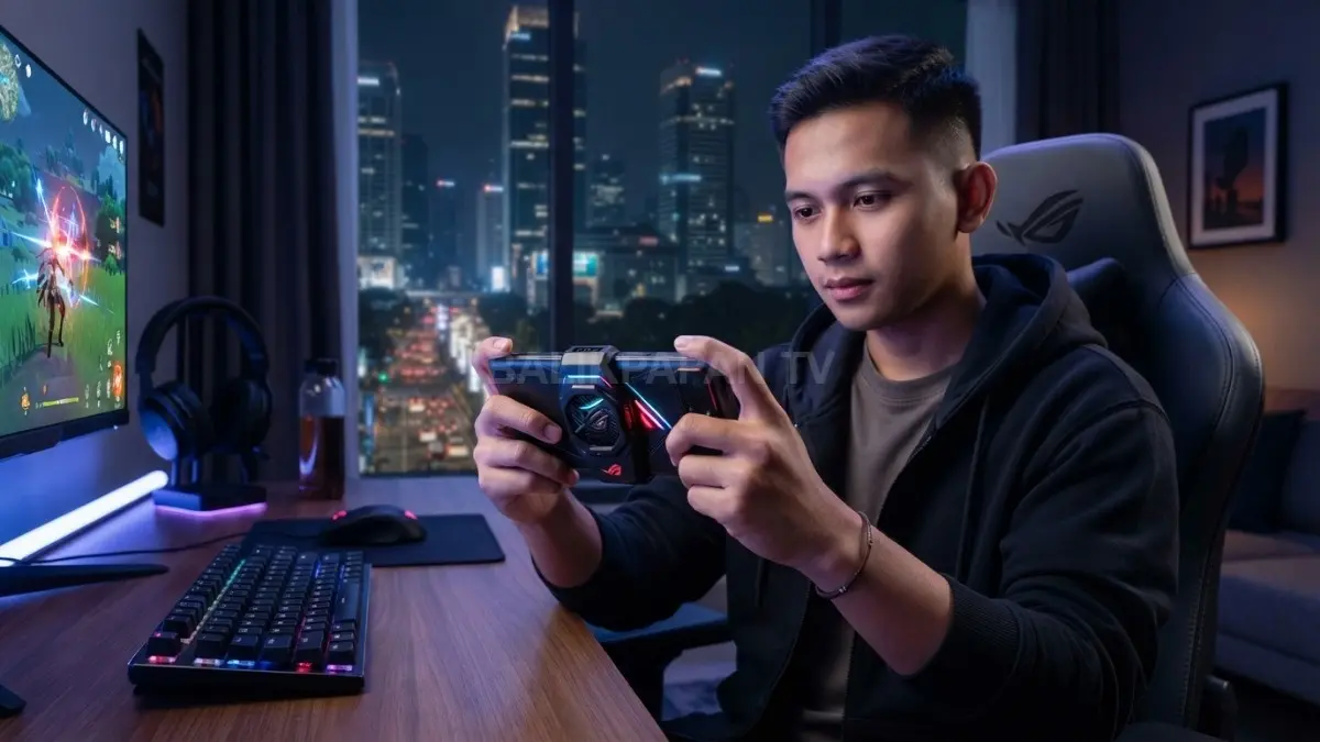 HP gaming futuristik dengan layar responsif dan sistem pendinginan tangguh mendukung permainan intensif tanpa cepat panas. (BTV/AI)
