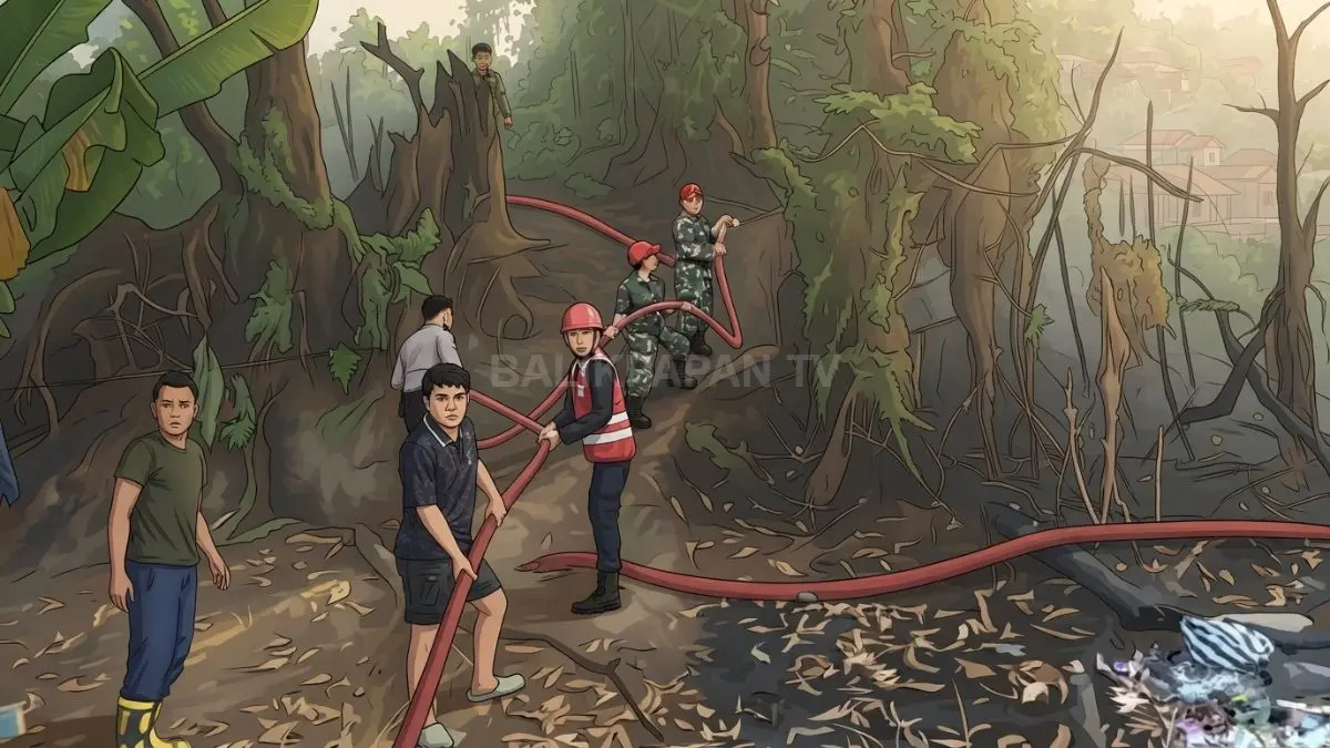 Ilustrasi petugas memadamkan kebakaran lahan akibat pembakaran sampah di kawasan Gunung Malang, Balikpapan. (BTV/AI)