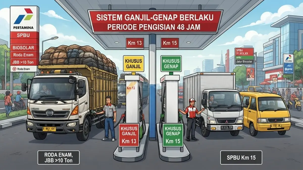 Ilustrasi sistem ganjil-genap penyaluran Biosolar berdasarkan angka terakhir nomor polisi kendaraan di SPBU Balikpapan. (BTV/AI)