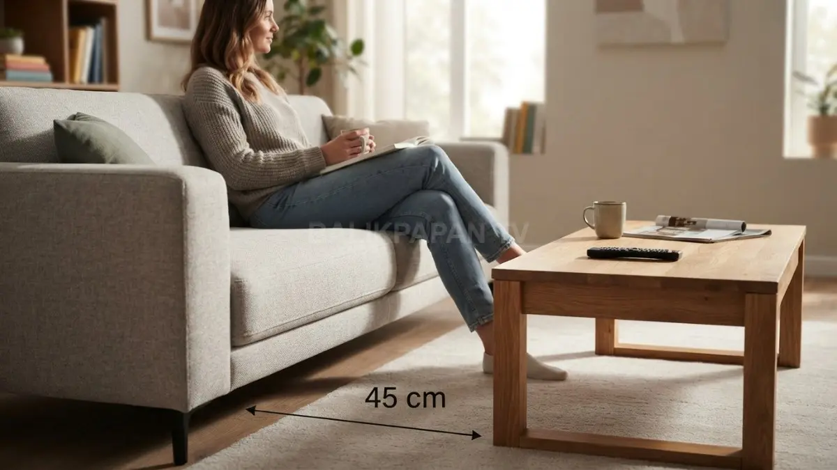Jarak ideal sofa dan meja tamu menjaga ruang kaki, akses, sirkulasi, serta kenyamanan keluarga sehari-hari tetap optimal. (BTV/AI)
