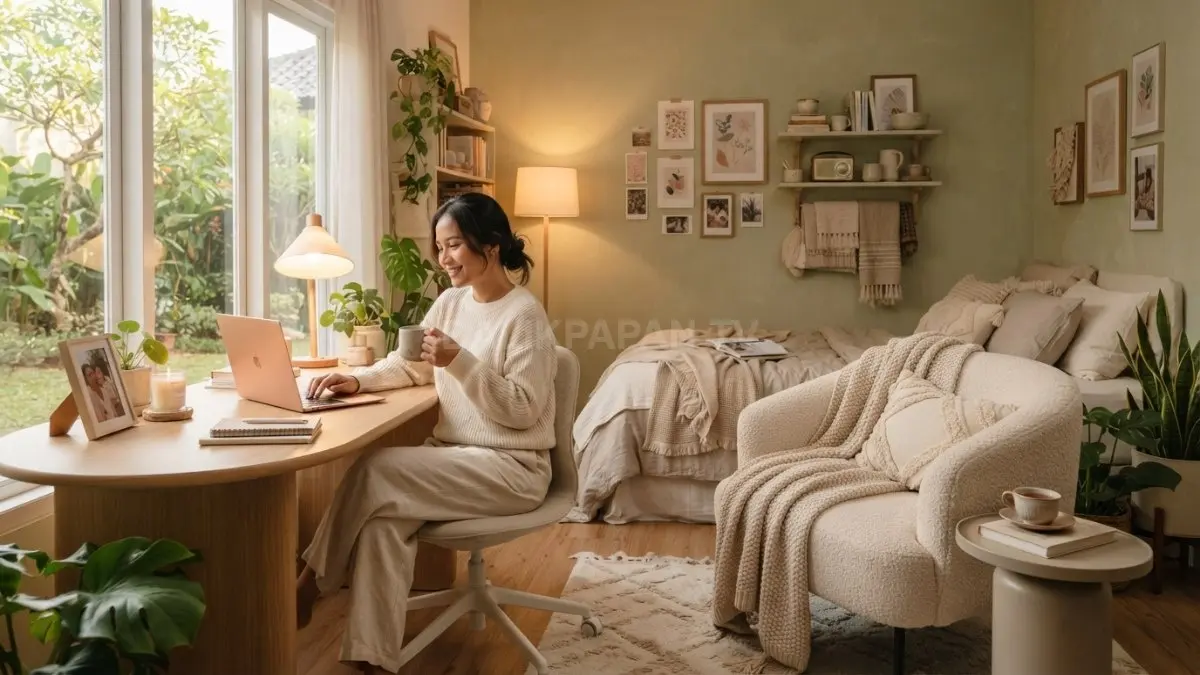 Kamar cozy dan cute memadukan warna menarik, tekstur lembut, pencahayaan berlapis, serta tata letak nyaman. (BTV/AI)