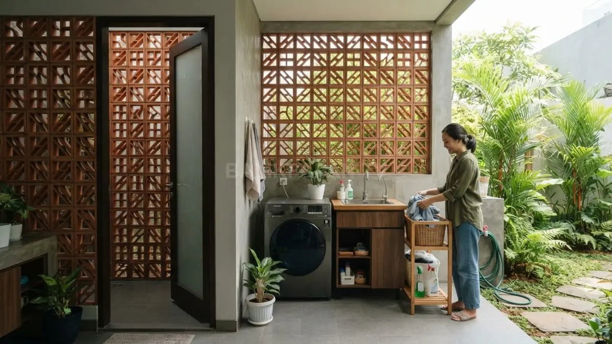 Kamar mandi dan area servis dengan roster membantu sirkulasi udara, menjaga privasi, serta mempermudah perawatan ruang lembap. (BTV/AI)
