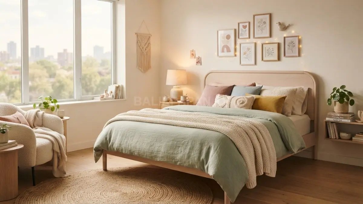 Kamar pastel menghadirkan suasana manis dan nyaman melalui warna lembut, tekstur hangat, serta dekorasi playful. (BTV/AI)