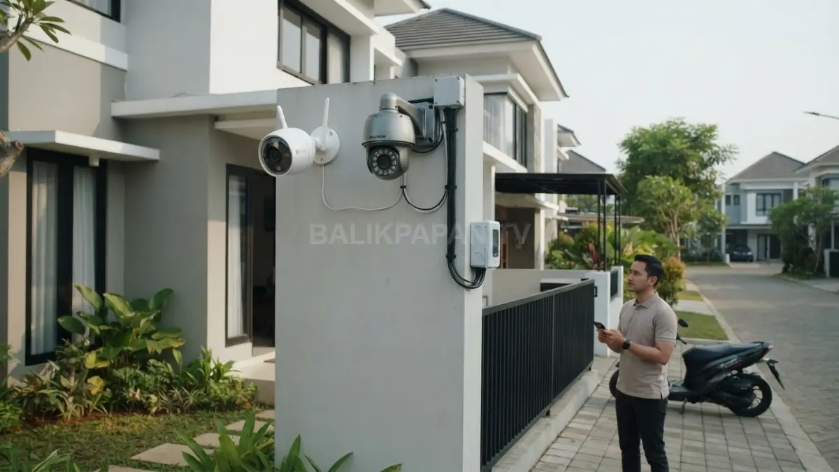 Kamera CCTV Wi-Fi dan kabel dipasang pada rumah modern, menampilkan perbandingan teknologi keamanan dan instalasi (BTV/AI)
