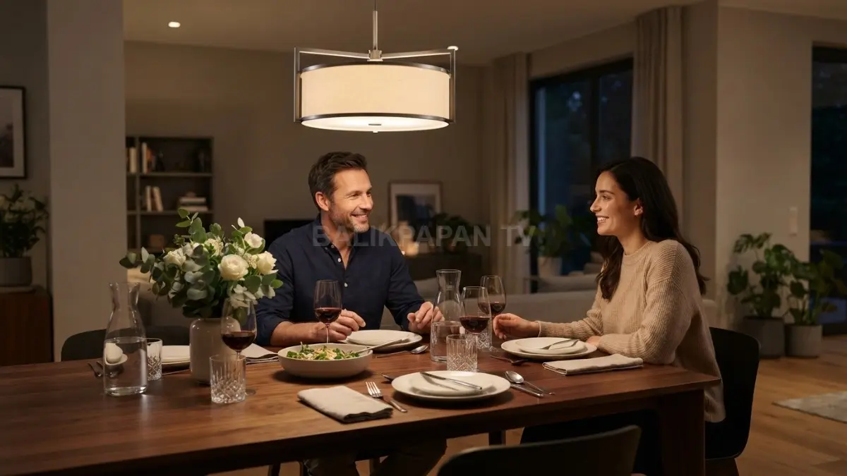 Kap lampu terbuka membantu menyebarkan cahaya merata, tetapi diffuser lembut dapat mengurangi silau saat makan. (BTV/AI)