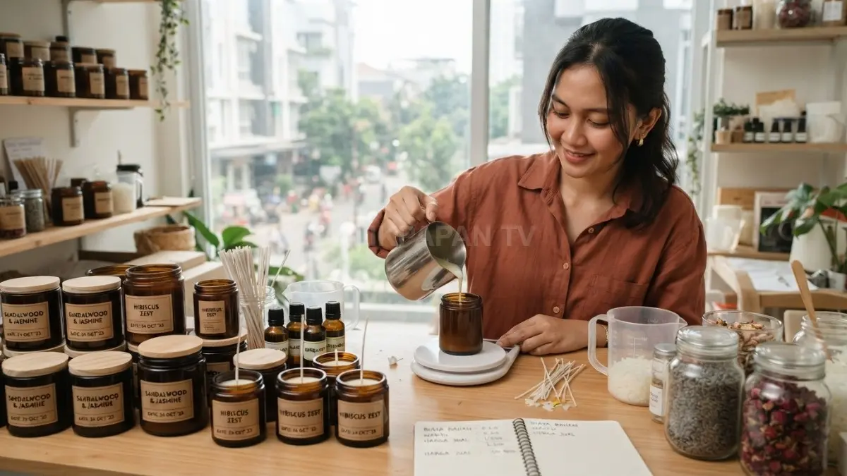 Lilin aromaterapi buatan rumah bisa dikemas cantik sebagai hadiah personal sekaligus peluang usaha kreatif sederhana (BTV/AI)