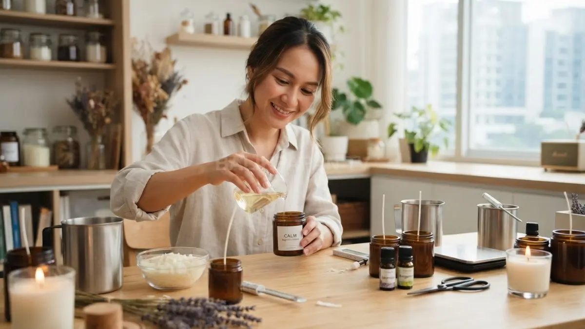 Lilin aromaterapi rumahan dengan wadah minimalis, wax, sumbu, fragrance oil, dan perlengkapan kreatif utama (BTV/AI)
