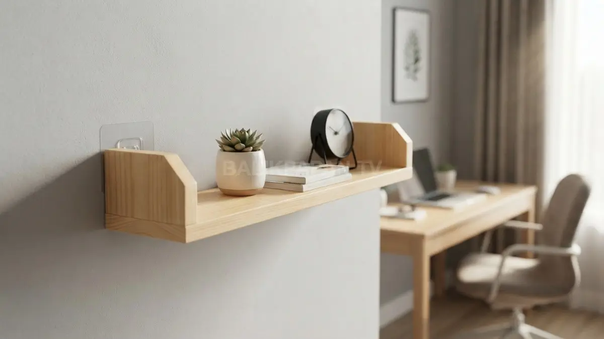 Papan 15 sentimeter disulap menjadi rak gantung minimalis tanpa paku, praktis untuk menyimpan barang ringan. (BTV/AI)
