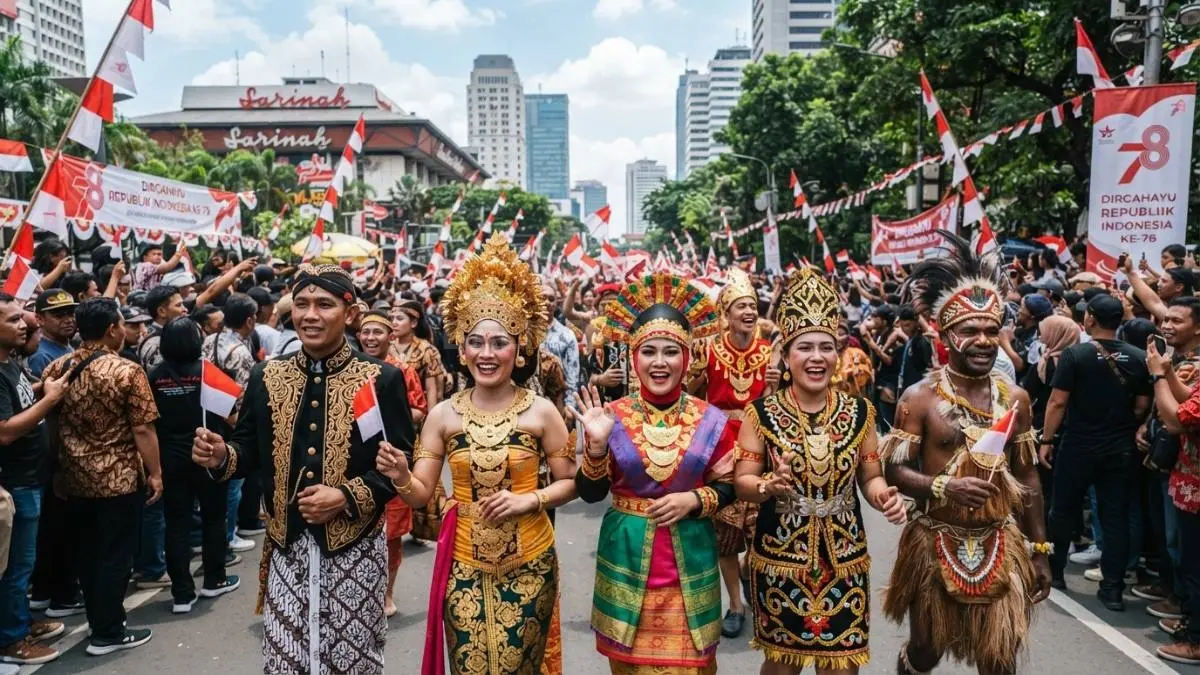 Peserta pawai mengenakan beragam baju adat Indonesia yang meriah, unik, berkarakter, dan mencerminkan keberagaman budaya nasional. (BTV/AI)
