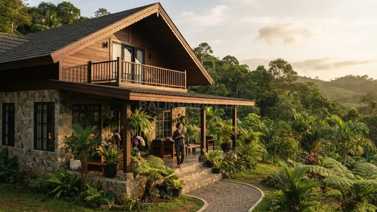 Rumah Alpine Chalet memadukan batu, kayu, balkon, atap lebar, dan ventilasi tropis untuk hunian hangat. (BTV/AI)