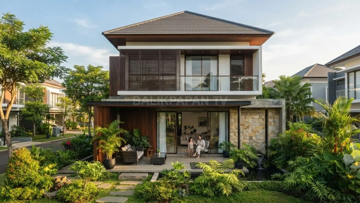 Rumah Bali modern dua lantai memadukan teras, taman tropis, batu alam, kayu, dan fasad sederhana berkarakter. (BTV/AI)