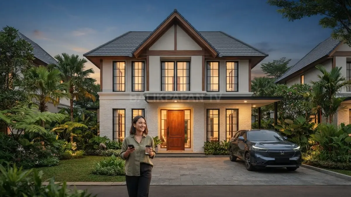 Rumah English Country dua lantai memadukan fasad simetris, atap miring, jendela tinggi, dan material natural. (BTV/AI)