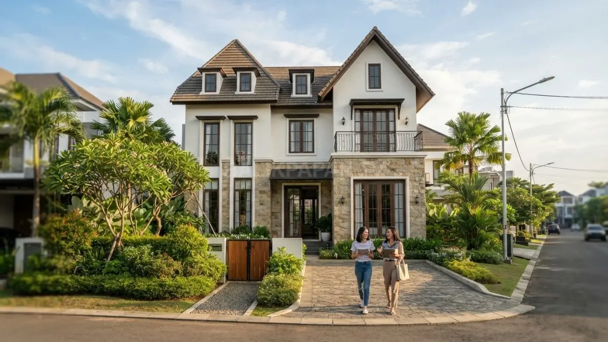 Rumah Eropa dua lantai memadukan fasad simetris, atap miring, jendela tinggi, dan material natural elegan. (BTV/AI)