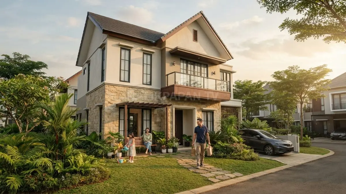Rumah European Farmhouse memadukan batu alam, kayu, atap pelana, taman hijau, dan interior terbuka hangat. (BTV/AI)