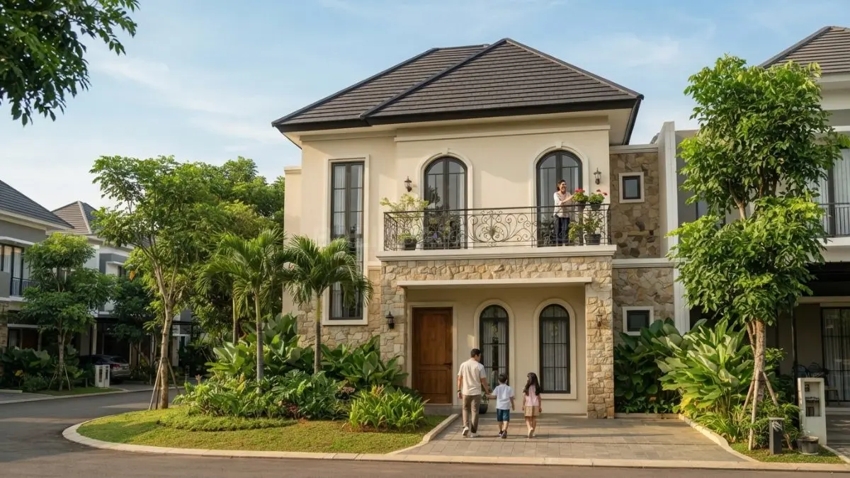 Rumah French Country modern memadukan fasad krem, jendela tinggi, balkon klasik, pintu kayu, dan interior minimalis nyaman. (BTV/AI)