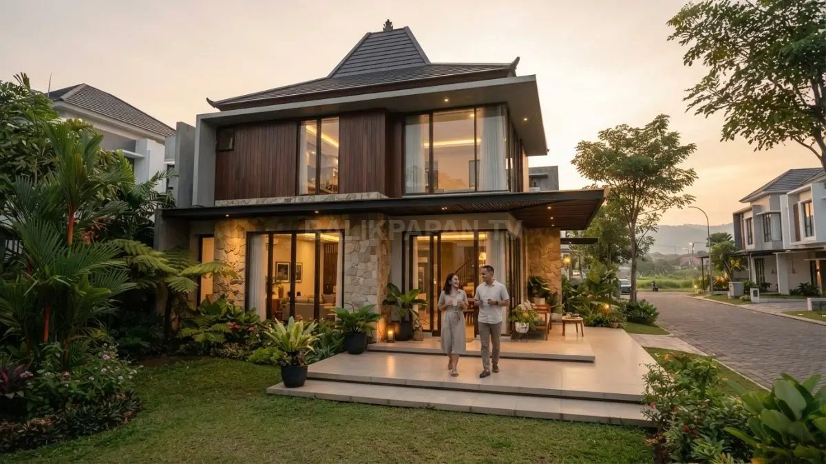 Rumah Indonesia dua lantai memadukan atap tradisional, material natural, taman tropis, dan fasad modern berkarakter. (BTV/AI)