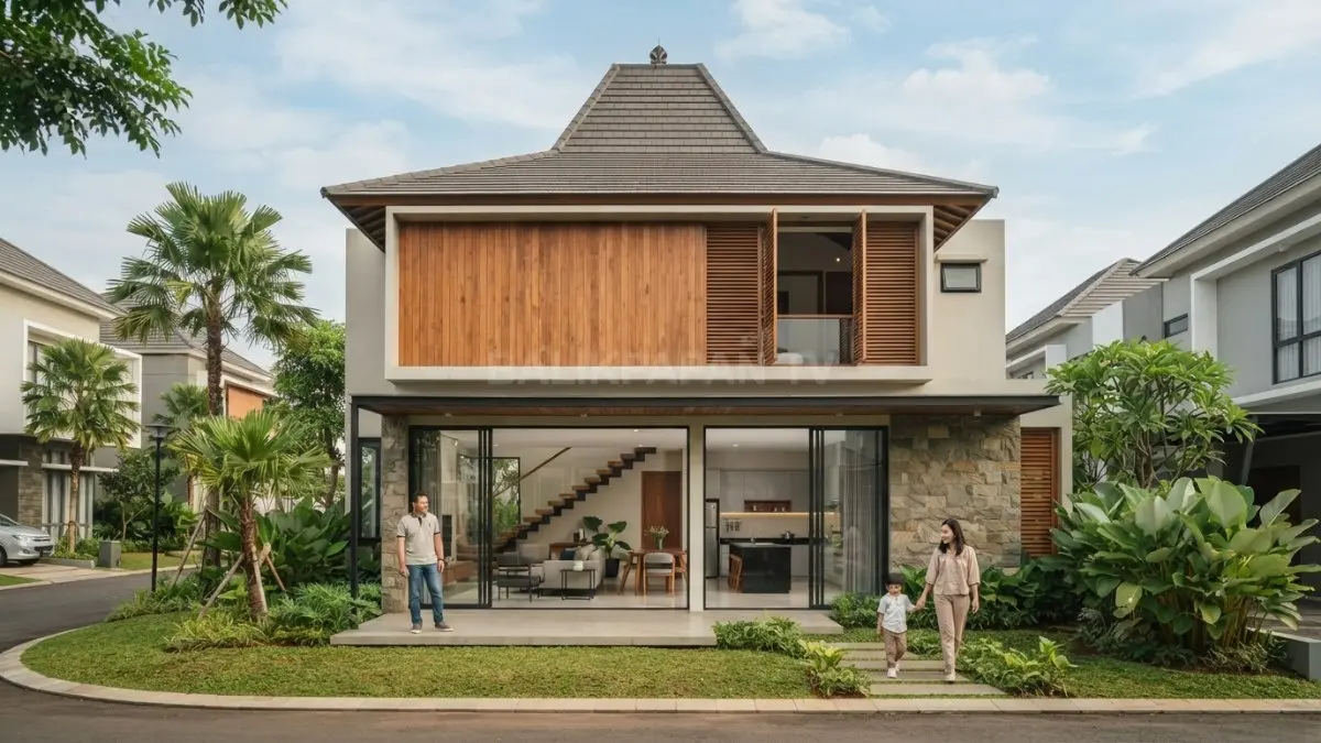 Rumah Jawa dua lantai memadukan atap joglo, material kayu, batu alam, dan fasad modern berkarakter Nusantara. (BTV/AI)