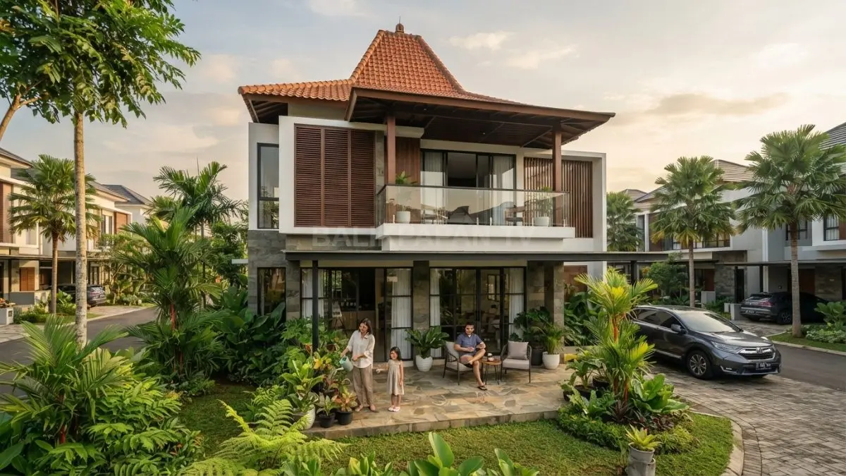 Rumah Jawa modern dua lantai memadukan atap Joglo, material natural, teras luas, dan fasad kontemporer elegan. (BTV/AI)