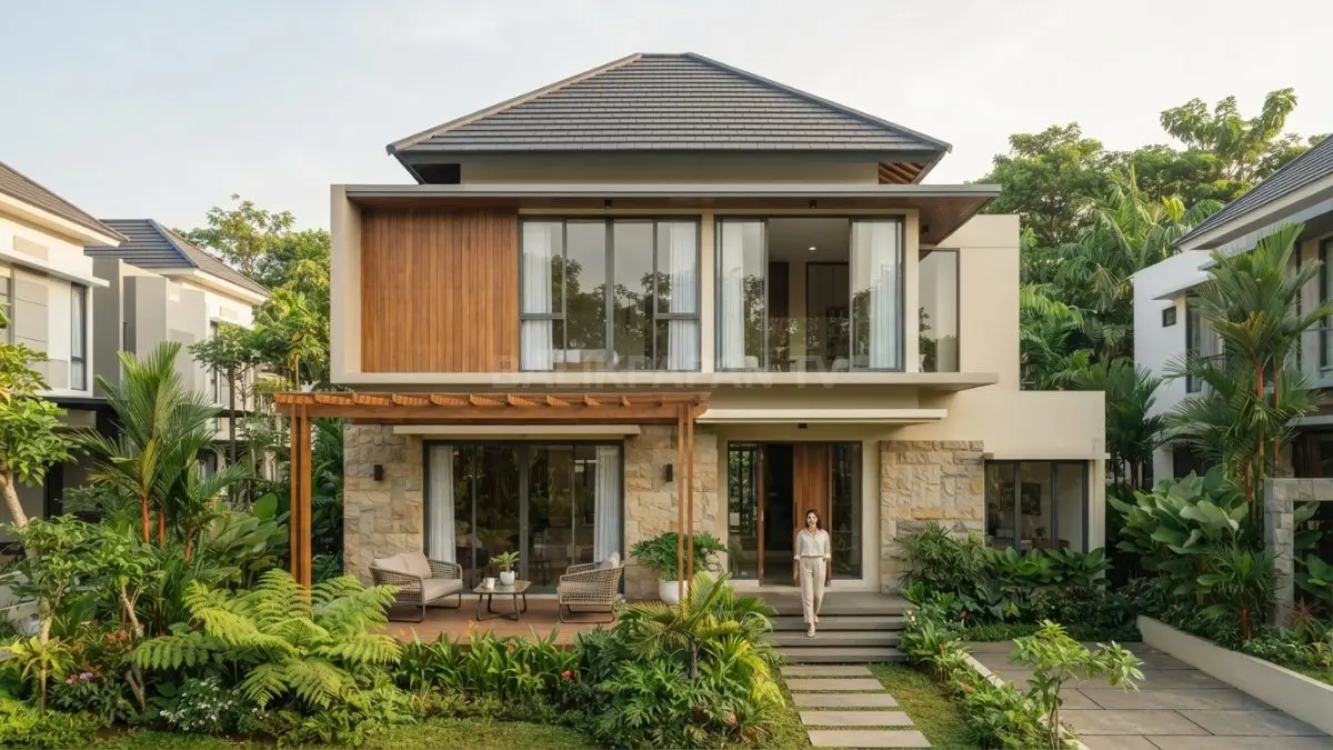 Rumah limasan kontemporer memadukan atap tradisional, fasad minimalis, material natural, dan jendela besar yang fungsional. (BTV/AI)