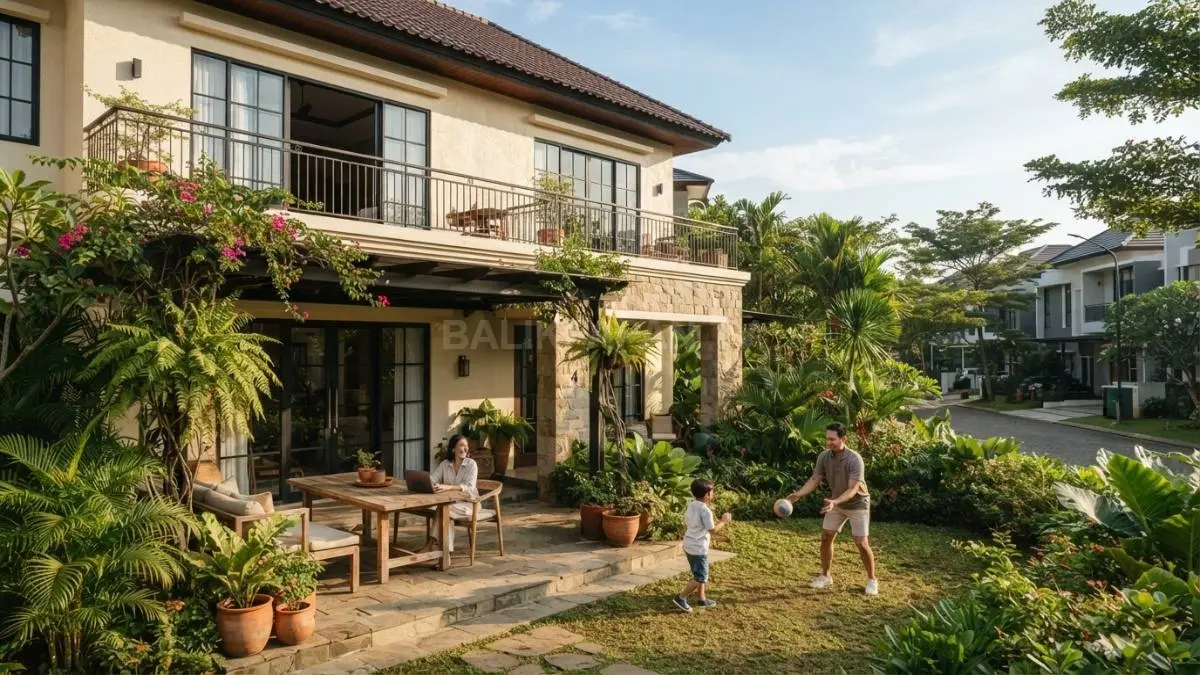 Rumah Mediterranean dua lantai memadukan teras, balkon lebar, warna hangat, bukaan besar, dan tanaman tropis. (BTV/AI)