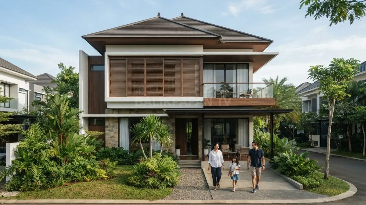 Rumah Melayu modern dua lantai memadukan atap bertingkat, balkon kayu, kisi-kisi, serta fasad tropis elegan. (BTV/AI)
