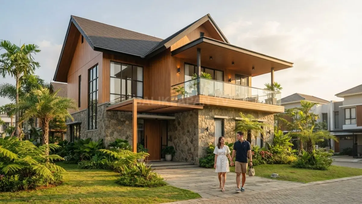 Rumah Modern Alpine bergaya chalet memadukan batu alam, kayu, balkon memanjang, dan atap miring khas Eropa. (BTV/AI)