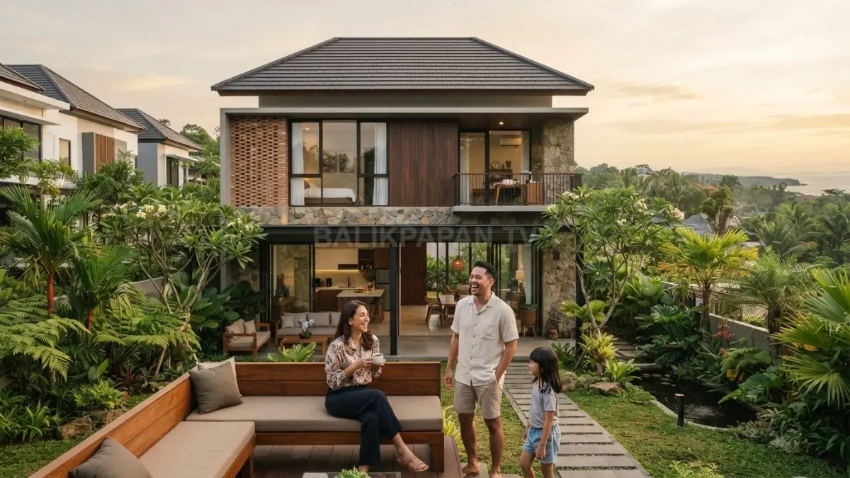 Rumah Nusantara modern memadukan atap pelana, material kayu, batu alam, balkon, teras, dan taman tropis berkarakter. (BTV/AI)