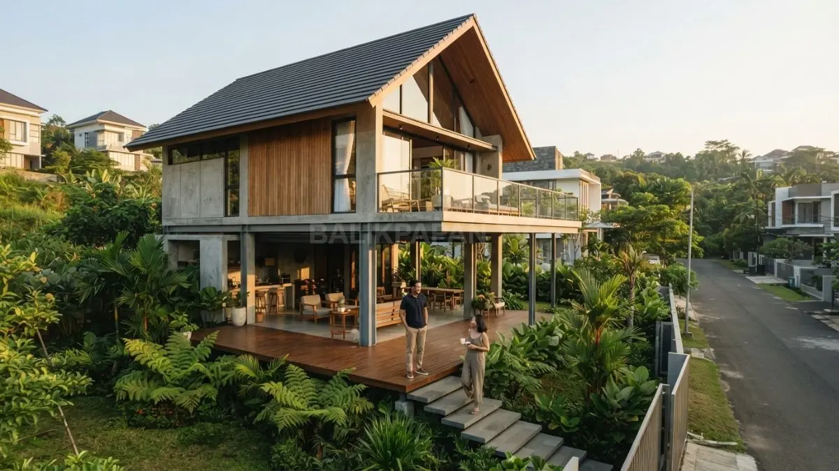 Rumah panggung modern dua lantai memadukan material kayu, batu, balkon, dan ruang terbuka bernuansa tropis. (BTV/AI)